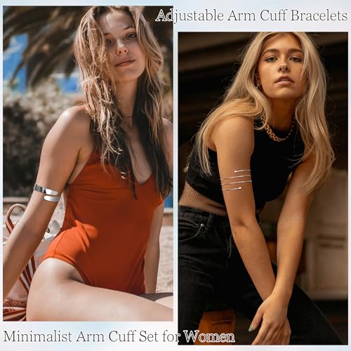 2Pcs Gold Arm Cuff for Women Adjustable Arm Cuff Bracelet Minimalist Open Coil Upper Arm Band Cuff Bangle Set - style: Silver D