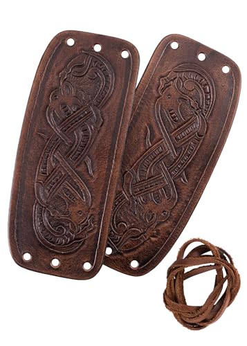 Ulfberth - Pair of Genuine Leather Bracers with Embossed Dragon Motif in Jelling Style - Viking Wristband - color: Dark Brown