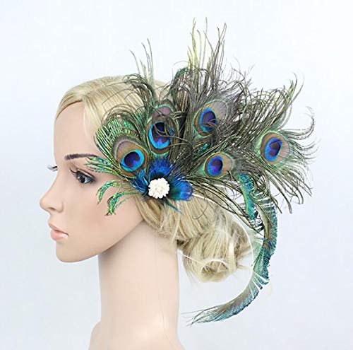 Women Bohemian Peacock Feather Hair Clip Hair Pin Elegant Fascinator Wedding Dance Party Headdress Headwear Hair Accessory Sequined Showgirl Headpiece (Style 5)
