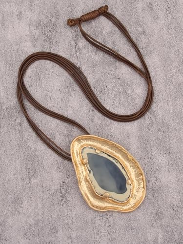 GelConnie Leather Necklace for Women Large Pendant Long Brown Necklace Circle Leather Choker Vintage Sweater Necklace Gold Chunky Boho Necklaces for Women - style: Blue Big Pendant Necklaces