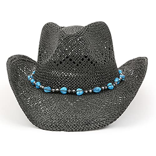 TOVOSO Western Cowgirl Hat, Straw Cowboy Hat for Women with Shapeable Brim, Beaded Hearts Trim, Shapeable Cowboy Hat - color: Black With Blue Trim