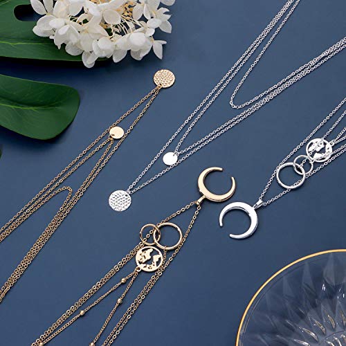6 Pieces Layered Necklaces For Women Long Necklaces Gold Choker Necklaces Map Coin Bar Crescent Moon Necklace Layered Y Pendant Necklace Multilayer - color: sliver