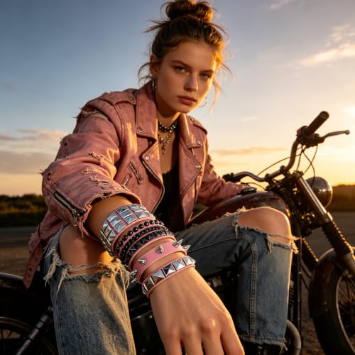 Handmade Black Leather Wrap Studded Bracelets for Women Men, 4Pcs Vintage Punk Wrist Cuff Bangle Wristband Emo Jewelry Gifts - style: Pink Square Stud Style