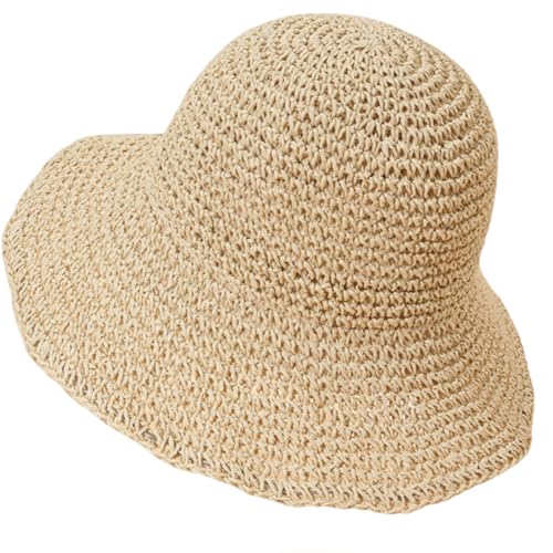 Women Straw Sun Hat Summer Beach Hats Foldable Floppy Cap Wide Brim Bucket Hat Solid Handmade Sun Protection Caps - color: Beige-brim3.1"