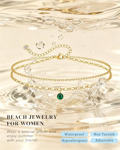 ZHESHY Ankle Bracelets for Women Gold Anklets with Birthstone 14K Gold Plated Dainty Layered Anklets Waterproof Non Tarnish Chain Anklet Bracelets Summer Beach Jewelry Birthday Gifts - color: 05.May(Emerald）