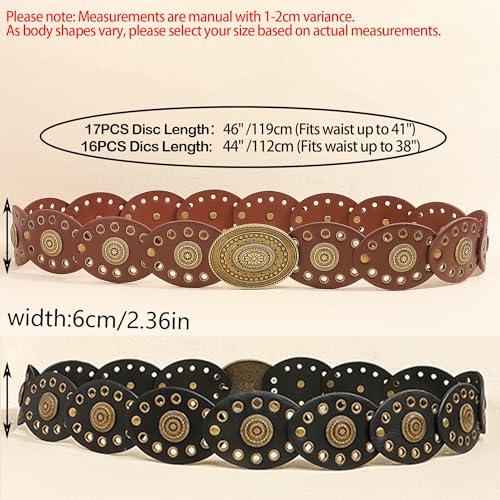 Western Chunky Wide Disc Belt for Women Boho Hollow PU Leather Waist Cowgirl Belt for Dresses Jeans with Metal Buckle - color: Brown
