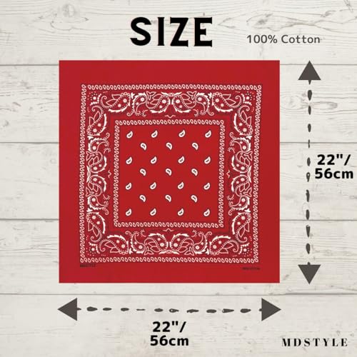 MDSTYLE 100% Cotton Bandana for Men & Women 22" x 22" Paisley Pattern Handkerchief Headband Scarf - color: Red