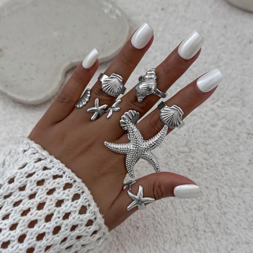 MIFYNN Chunky Gold Starfish Seashel Ring for Women Dainty Conch Pearl Ring Set Boho Ocean Stackable Rings Fashion Adjustable Beach Statement Rings Set Summer Charm Jewelry for Women - color: Silver-7Pcs