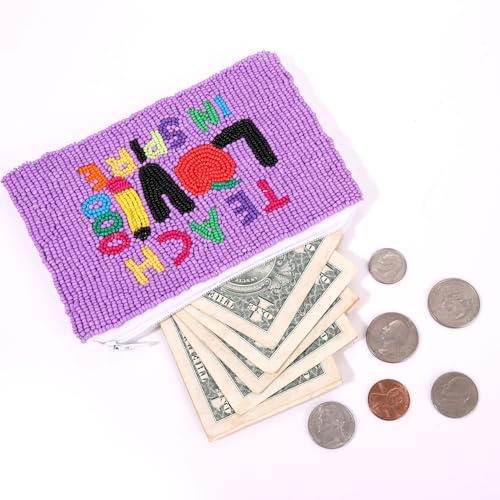 Teacher Beaded Coin Purse Teach Love Inspire Seed Bead Coin Purse Back to School Accessory Small Cute Wallet Coin Pouch Purse Teacher Appreciate Gift for Teachers - style: Teacher Beaded Coin Purse
