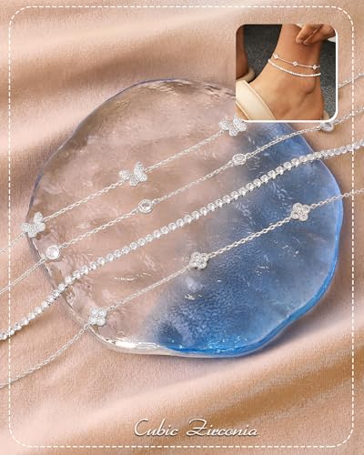 RLMOON Gold Silver Anklets for Women CZ Ankle Bracelet 14K Gold Plated Waterproof Layered Stackable Clover Butterfly Tennis Chain Anklet Trendy Summer Beach Foot Jewelry - color: B:Clover Anklet-Silver