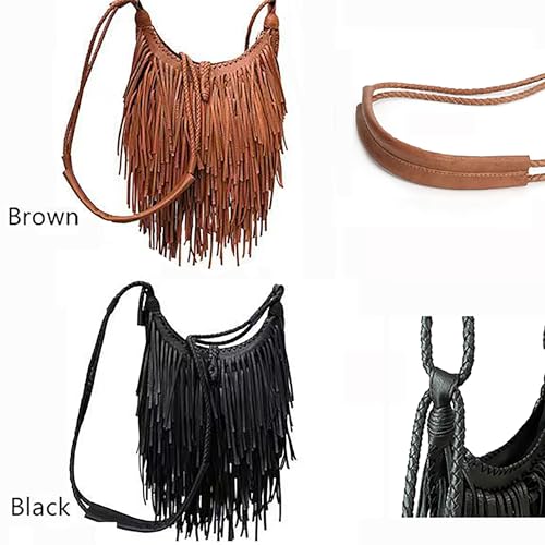 Tassel Shoulder Bag Vintage & Stylish Women PU Leather Bohemian Fringed Crossbody Shoulder Hobo Fringe bag - color: Black-9x7.87in