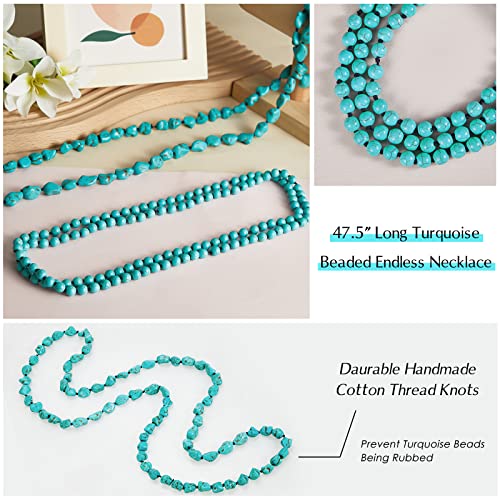 Henoyso 2 Pcs Turquoise Beads Necklace 47.5 Inch Long Endless Necklace Multi Strand Layer Knotted Homemade Jewelry - style: Fresh Style