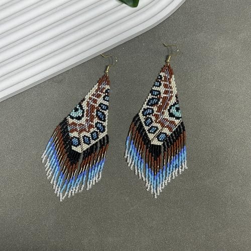 Handmade Seed Beaded Earrings, Lightweight Boho Fringe Dangle Earrings, Glass Bead Drop Jewelry for Everyday Wear & Party, Women Gifts - color: Feather-Brown
