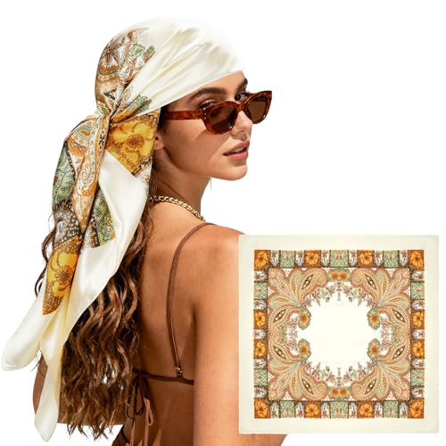 Large Square Head Scarf Bandana - 35" Satin Hair Scarf for Women Like Silk Scarf Fashion Hair Wrapping - color: Paisley(beige), size: 35IN*35IN