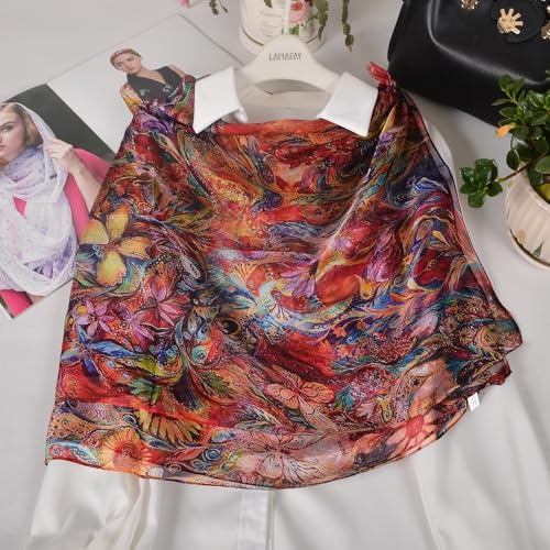 100% Mulberry Silk Women's Neck Silk Scarf-Lightweight Shawl,FLoral Print Beach Silk Wrap-Scarves for Photography - color: Red Phoenix