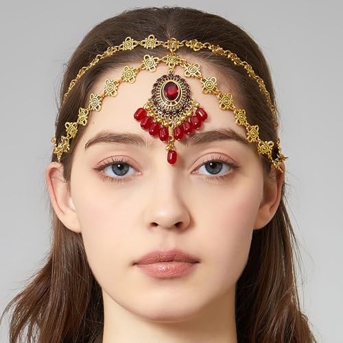 Boho Headband for Women Elegant Bridal Wedding Headpiece Cubic Zirconia Vintage Jhumka Bead Tassel Festival Gold Plated Adjustable Forehead Chain Bollywood Party Accessories Jewelry (Red, Gold) - color: Red