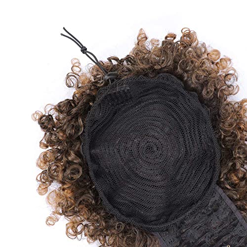 Afro Puff Drawstring Ponytail for Black Women, Kinky Curly Synthetic Hair Bun Extension with Bangs, Short Clip in Updo Hairpiece, T30 Ombre - color: T30