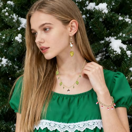 3 Pcs Mushroom Jewelry Necklace Set, Funky Earrings Mushroom Earrings for Women, Green Leaf Necklace & Bracelet, Whimsical Jewelry Glass Glaze Mushrooms Gifts Stuff for Holiday