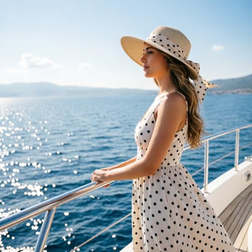 DRESHOW Sun Hats for Women Travel Fedora Foldable Beach Sun Hat Summer Wide Brim Straw Bucket Hat with Bowknot UPF 50+ - color: 1 Pack Bowknot Straw Hat: Beige (Beige Polka Dot Band)