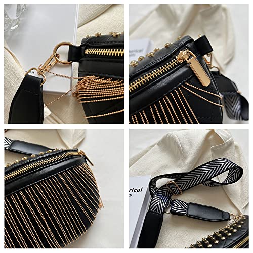 GLT.ETL Fanny Pack Chest Bag For Women Faux leather Fringe Quilted Waist Cross Body Bum Bags Rivet Studded Tassel Purses(Black Gold) - color: Black Gold