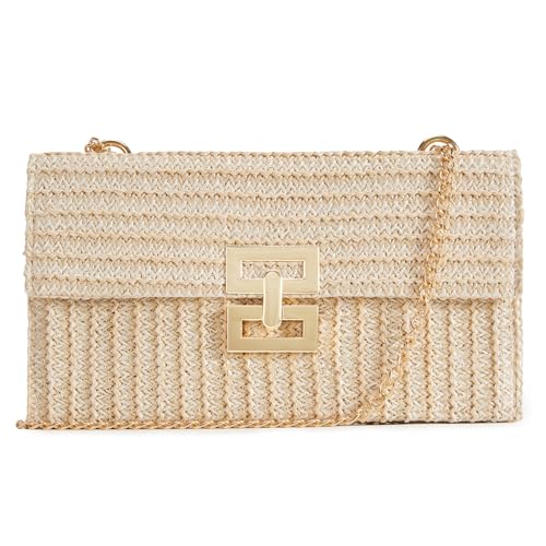 Huralona Women Straw Woven Clutch Purse Pleated Handbag for Summer Beach Vacation Straw Shoulder Crossbody Bag - color: White2