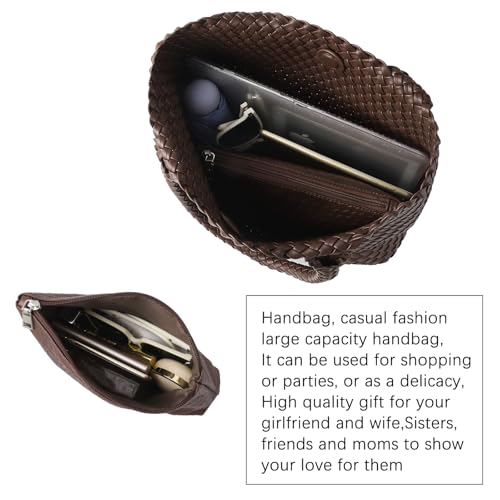 Hand Woven Bag Tote BagS For Women Top Handle Shoulder Vegan Leather Large Travel Beach Hobo Handbag - color: Coffee