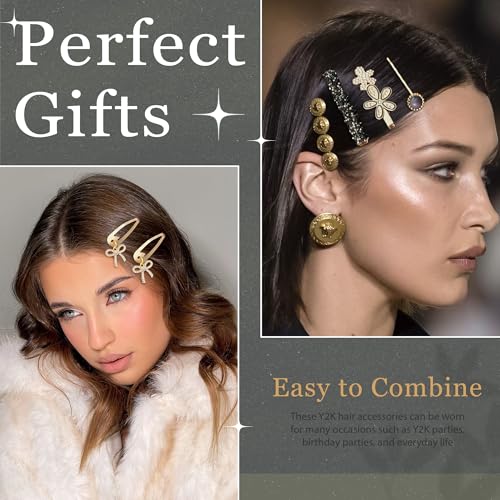 10PCS Y2K Hair Clips Black Gold Bow Hair Clip Vintage Non Slip Flower Hair Barrettes Sparkly Rhinestone Hair Accessories for Women - color: Black