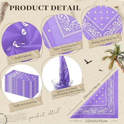 Suhine 12 Pcs Bandanas Bulk for Women Men 22 x 22 Inch Paisley Headband Cowboy Handkerchief Summer Beach Party Costume - color: Light Purple