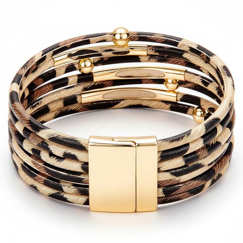 Fesciory Leather Wrap Bracelets for Women, Boho Leopard Multi-Layer Crystal Beads Cuff Bracelet Jewelry - color: Brown Leopard