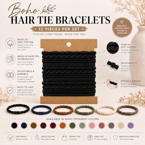 Elm City Direct 12pcs Hair Tie Bracelets, Boho Hair Ties for Women, Elastic Hair Bands for Ponytails (Rose) - color: Rose