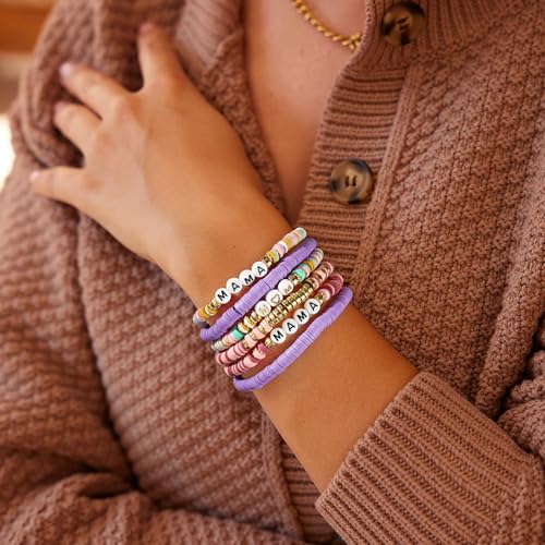 Elegance 11 designs Heishi Beaded Bracelets For Women Polymer Clay Colorful Surfer Stackable Beads Boho Bracelet Summer Beach Jewelry - color: Fresh Purple