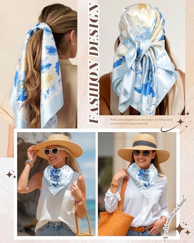 AWAYTR 35” Square Satin Head Scarf Hair Scarf for Women's Hair Silk Bandana for Women Silk Head Wrap for Sleeping - color: Flower (Light Blue)
