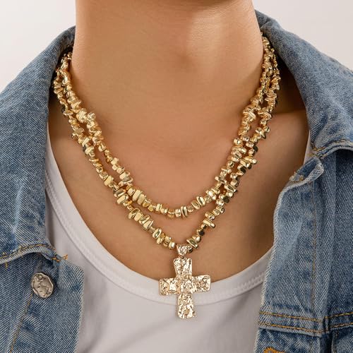 Chunky Cross Necklace for Women Chunky Gold Necklace Statement Cross Pendant Vintage Toggle Clasp Necklace Jewelry for Women - color: E4:silver cross