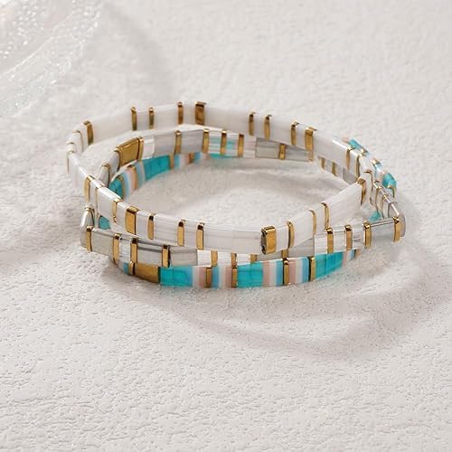 Tila Flat Square Stack Beaded Bracelets Set for Women Men, Boho 3Pcs Romantic Handmade Healing Gold Colorful Stretch Accessories Jewelry, Daily Vacation Party Holiday Friendship Gift - color: White Gray Blue