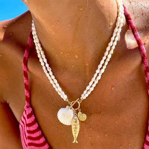 Fish Necklace for Women Chunky Beach Seashell Fish Pendant Necklace Summer Boho Fish Charm Layered Necklace Fashion Trendy Toggle Necklaces Jewelry Gifts