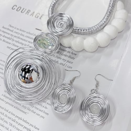 Large Spiral Pearl Rhinestone Pendant Necklace Earring Set for Women Handmade Chunky Statement Collar Choker Fashion Ethnic Tribal Wire Wrapped Adjustable Rope Chain Banquet Party Dress Jewelry - color: Silver