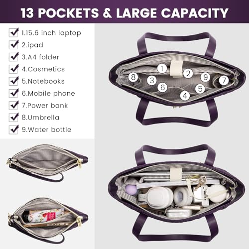 LOVEVOOK Laptop Bag for Women, Stylish Diamond Quilted Work Tote with Clutch Purse, 15.6-inch Purple Tote - color: Purple(quilted), size: 15.6 Inch