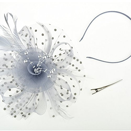 DRESHOW Fascinators Hat Flower Mesh Ribbons Feathers on a Headband and a Clip Tea Party Headwear for Girls and Women - color: 7" Diameter / Grey