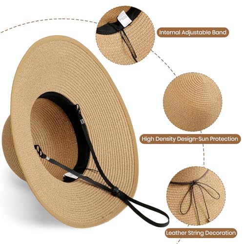 Sun Hats for Women, Straw Hats UPF 50+ Sun Protection, Wide Brim Womens Beach Hat for Summer Travel - color: Khaki