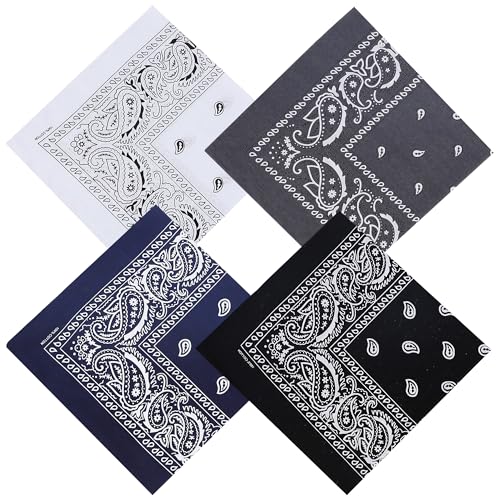 Mochabao 100% Cotton 27" x 27" Large Bandanas for Men & Women, Multi-Purpose Bandana Headbands, Square Head Scarf - color: White/Black/Navy Blue/Gray