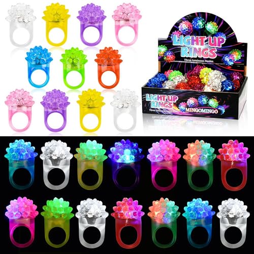 MINGOMINGO 25 Pack LED Light Up Rings & Glow Rings Party Favors for Kids | Glow in the dark for Halloween, Easter, birthday, New Year classroom giveaways; flashing and blinking, bulk large groups