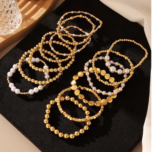 KISS WIFE Bracelets for Women, 13 Pcs Gold Silver Beaded Bracelet Stack with Faux Pearl, Stretch Elastic Strand Ball Fashion Jewelry Set, Adjustable Accessories Gifts - color: Gold