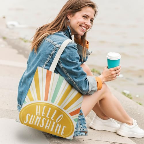 Boho Sun Sunshine Tote Bag, Colorful Canvas Tote Bags, Reusable Grocery Shopping Bag - color: Hello Sunshine
