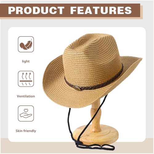 Straw Cowboy Hats Western Cowgirl Hat for Holiday Woven Beach Sun Hat with Shapeable Wide Brim Cowboy Hat for Women/Men - color: Khaki