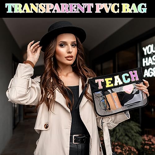 Hillban 2 Pcs Teacher Appreciation Gifts Teach Chenille Letter Clear Makeup Bag Pouch, Monogram PVC Clear Zipper Pouch with Wristlet Travel Cosmetic Bag Graduation Retirement Teacher Gifts for Women - style: Teacher Theme