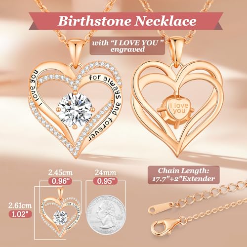 CDE Engraved Forever Love Heart Birthstone Necklace Jewelry Gifts for Women | Hypoallergenic,Nickel-Free & Lead-Free,3 x 3 mm 5A CZ Heart Pendant,Anniversary Christmas Birthday Gift for Girlfriend Wife - color: Birthstone-04-Apr, style: Rose Gold Plated-B