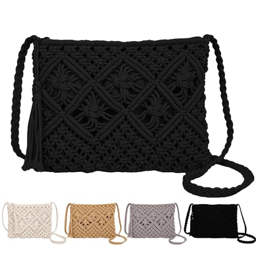 Peicees Crossbody Bag Purse For Women Bohemian Shoulder Bag Woven Crochet Purse For Summer Beach Travel Clutch Handbag - color: Black