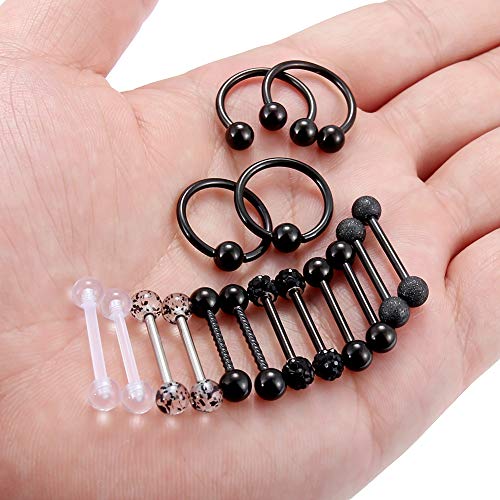 16Pcs Nipple Piercing Jewelry 14G Surgical Steel Nipple Rings Hoop Rings Retainer Piercing Jewelry for Women Men 14MM (9/16 Inch) - color: B:8 pairs/black