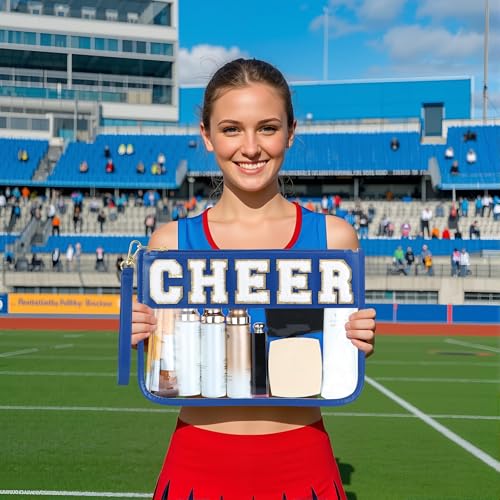 BuyCard Cheer Chenille Letter Bags Clear Makeup Bag, Cheerleader Gifts Cosmetic Bag, Varsity Preppy Patch Flat Pouch Cheer Accessories, Waterproof PVC Organizer Toiletry Bag for Women Girls Navy Blue - color: Navy Blue-Cheer