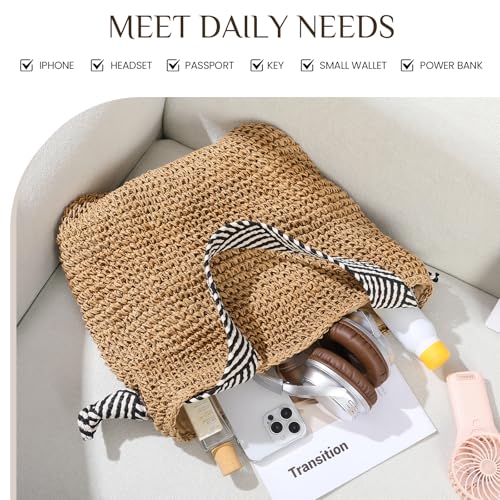 fauson Beach Bags for Women - Handmade Straw Clutch Purses for Women Handbag Zip Closure Tote Bag Lightweight - color: Light Khaki